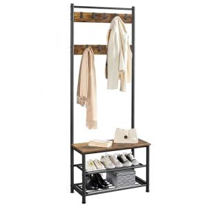 Yaheetech Portemanteau avec Banc et étagères à Chaussures Meuble d’entrée avec Crochets Mobiles Vestiaire Cadre en Métal, 72,5 x 33 x 184,5 cm, Style Industriel Marron Rustique (Yahee365, neuf)
