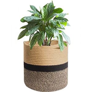 KMERCE Grand Pot de Fleurs Tressé, Cache Pot Plante Interieur, Panier à Plantes en Corde de Coton pour décoration Intérieure, Panier de Rangement pour Jouets, Vêtements - Diamètre 25cm (Jaune+Noir) (Slton, neuf)
