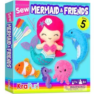 KRAFUN Kit de Couture Sirène pour Enfants dès 7 Ans, 5 Poupées en Peluche (Sirène, Dauphin, Hippocampe, Poisson Clown, Pieuvre), Feutre, Instructions, Jouet Éducatif (KraFun Store UK, neuf)