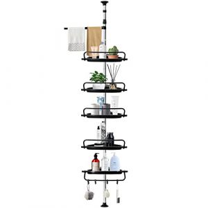 VIPNAJI Étagère Salle de Bain Télescopique, Étagère de Douche Réglable en Hauteur Étagère d'Angle Sans Percage Acier Inoxydable avec 5 Paniers et 1 Porte-Serviettes et 4 crochets, 95 à 320 cm (Miahandel, neuf)