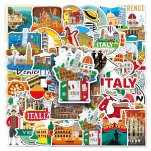 Lot de 50 Italie Autocollants, Italie Voyage Autocollants en Vinyle Imperméables, Valises Stickers pour scrapbooking, bouteille d'eau, Bagages Skateboard Guitare Ordinateur Portable (suozhanglasuo, neuf)