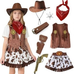 Hengrongshen Deguisement Cowgirl Enfant, Costume de Shérif pour Enfant avec Chapeau de Cowboy, Gilet, Foulard, Jupe de Cowgirl et Accessoires, Costume de Carnaval, Halloween, Cosplay pour Fille (HengRongSh-EU, neuf)