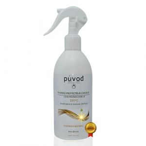 PUVOD Spray Coiffant Thermo-Protecteur lissage Cheveux 300ml Soin Salon sans Rin&ccedil;age. Usage avec des outils de coiffage chauffants. Protection anti-UV. Protection 230&deg;C. Anti frisottis. k&eacute;ratine. (Puvod Essentials, neuf)