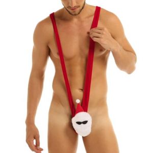 ROSVAJFY No&euml;l Mankini Homme P&egrave;re No&euml;l Cosplay Costume Sous-v&ecirc;tements de No&euml;l String Homme Borat V Sling Tanga Thong Culotte de No&euml;l Body Lingerie Cadeau de No&euml;l (zhangfangyuan, neuf)