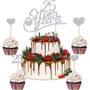 13 Pièces Topper de Gâteau 25 Silver Years Topper de Cupcake Argent Numéro 25 à Paillettes Décoration de Gâteau d'Anniversaire Mariage 25e Garnitures de Gâteau de Coeur en Papier pour Fête (Minmzle, neuf)