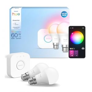 Philips Hue Essential Kit de d&eacute;marrage : Bridge + 2 ampoules intelligentes B22 essentielles, ambiance blanche et color&eacute;e, 2200 K-6500 K, &agrave; intensit&eacute; variable, fonctionne avec Alexa, Google Assistant (RAREWAVES-FR, neuf)