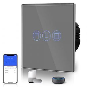 BSEED Interrupteur Volet Roulant Connecté, WiFi Interrupteur Volet Roulant Compatible avec Alexa Google Home pour Commande Vocale,Minuterie Intelligent en verre Gris (Bseed-EU, neuf)