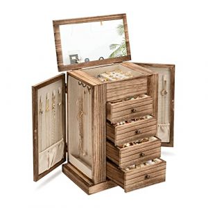 Emfogoo Boîte à bijoux pour femmes, grande boîte à bijoux rustique en bois avec miroir, boîte de rangement à bijoux à 5 couches pour bagues, boucles d'oreilles, colliers, bracelets (Noir carbonisé) (Emfogoo, neuf)