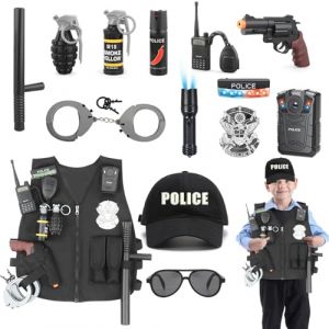 XSYKJGS D&eacute;guisement Policier Enfant 15 Pi&egrave;ces - Costume Police Complet avec Accessoires (Casque, Menottes, Gilet) pour Fille et Gar&ccedil;on - Id&eacute;e pour Halloween et Carnaval (XSYKJGS Direct, neuf)