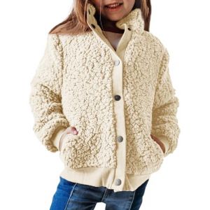 Haloumoning Veste pour fille à manches longues Sherpa Teddy Polaire Manteau enfant Veste chaude avec poches et boutons, beige, 13-14 ans (Zecio, neuf)