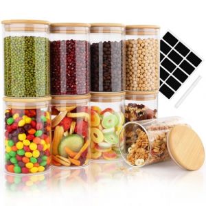 Otauoaea Lot de 9 Bocaux en Verre Hermetiques avec Couvercle en Bambou - 9x500ml Bocal en Verre - Pot en Verre avec &Eacute;tiquettes - Boite Rangement pour C&eacute;r&eacute;ales, Haricots, &Eacute;pices (Versatile official, neuf)