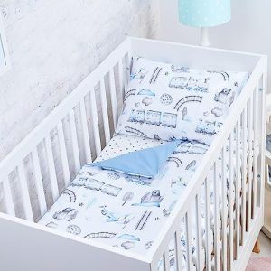 Baby Safe Housse de Couette pour Nouveau-né 120 x 90 cm Housse de Couette 100% Coton Biologique certifié Oeko-TEX Draps de lit Simple pour Enfants Parure de lit Train (Fischettistore, neuf)