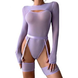 Aranmei Ensembles De Lingerie Pour Femmes 5 Pi&egrave;ces Sexy Dentelle Body Avec Poignets De Cuisse Sous-V&ecirc;tements Teddy Nuisettes Avec Cuisse Jarreti&egrave;re Sans Bas Violet M (Aranmei Direct, neuf)