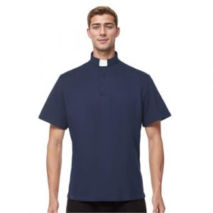 BPURB Polo Hommes Chemise Prêtre Col Romain Pretre Clergyman à Manches Courtes Chemises du Clergé, Bleu Marine, 42 (Crestar-Shop, neuf)
