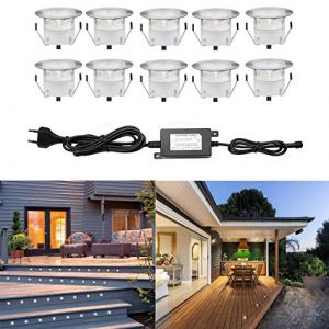 CHNXU 10 Spot LED Eclairage Extérieur Encastrable Sol Terrasse Bois,45mm Spots Encastré Extérieur Fait en IP67 DC12V 1W Avec Alimentation EU Pour Jardin Escalier Patio Blanc Froid (CHENXU, neuf)