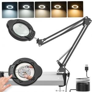 Jubor Améliorée Lampe de Bureau Loupe, 15X 10X LED Loupe avec Lumière avec Pince et Bras Pivotant, Lampe de Bureau avec 5 Modes de Couleurs Réglables pour Lecture, Réparation, Artisanat (Satawit, neuf)