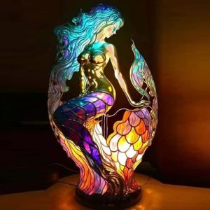 Lampe De Table En Forme D'animal Vintage, Lampes De Chevet En R&eacute;sine Color&eacute;e Pour La D&eacute;coration, Lampes De Table En Forme D'animal, Lampe En Verre Color&eacute; De Style Tiffany, Lampe De Chevet,Mermaid (YIYANGnn, neuf)