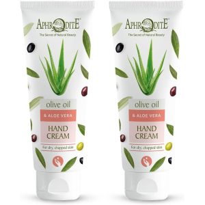Coffret crème pour les mains Aphrodite. Crème pour les mains hydratante intensive à base d'huile d'olive grecque et d'aloe vera. Crème pour les mains très sèches/mains gercées (75 ml) - lot de 2. (Aphrodite Skincare, neuf)