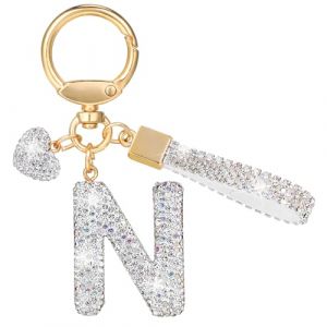 MWOOT Paillettes Porte Cl&eacute; Lettre avec Strass, Argent&eacute; Initial Porte Cl&eacute; Keychain, Porte Clef Lettre Sac Keyring Pendentif D&eacute;coratif, Brillant Porte Clef Voiture Charm, Porte Cl&eacute; Cadeau pour Femme(N) (vetpw, neuf)