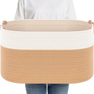 Otauoaea 65L Paniere Linge, Paniere a Linge en Corde de Coton,Panier de Rangement Sale Osier,Panier Rangement Bebe pour Jouets avec poign&eacute;es, Corbeille a Linge(Jute et Blanc) (Versatile official, neuf)