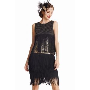 BABEYOBND Robe de Flapper 1920s pour Femme Robe Perlée et Frangée de Soirée Robe Vintage du Style Gatsby Robe Art Déci sans Manche pour Fête et Bal Or Noir L (BABEYOND  FR, neuf)