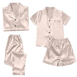Pyjama Femme 4 Pi&egrave;ces - Ensemble Pyjama en Satin Sexy Robe de Chambre d'&eacute;t&eacute; Pyjamas de Fille en Soie V&ecirc;tements de Nuit Manches Courtes Chemise de Nuit Robe de Chambre avec Boutons T-shirts + Top + (Cy.betony, neuf)