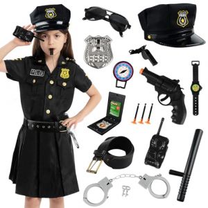 Deguisement Policier Enfant, 15PCS Costume Policier Deguisement Fille,Costume de Police Chemise,Jupes,Chapeau,Ceinture,Menotte,Lunettes,Talkie-Walkie,Pistolets Jouets,Pour Carnaval Halloween Policiere (xinmaike, neuf)