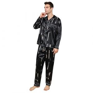 RuanMM Ensemble de Pyjama en Satin à Motif Noir pour Hommes, Haut Soyeux à Manches Longues et Pantalon Long, Ensembles de Pyjama à Boutons (XL,Noir-1) (Shanghai PinShan Industrial Co., Ltd., neuf)