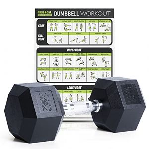 PhysKcal Haltères hexagonales 25 kg simples, inodores en polycaoutchouc, ensemble d'haltères 2,5 kg, 5 kg, 7,5 kg, 10 kg, 12,5 kg, 15 kg, 20 kg (Balmin Inc., neuf)