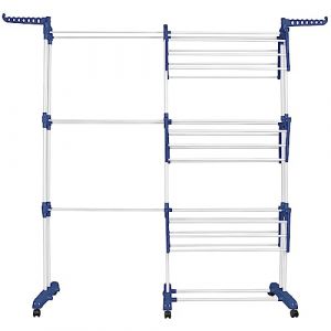 LANTUS &Eacute;tendoir Linge Int&eacute;rieur sur 3 Niveau, S&eacute;choir &agrave; Linge Extensible R&eacute;glable, Tancarville Grand Capacit&eacute;, avec 6 Roues de Frein de Stationnement &agrave; 360&deg;,75-142,5 * 64 * 170cm (Bleu + Blanc) (Hechheu, neuf)