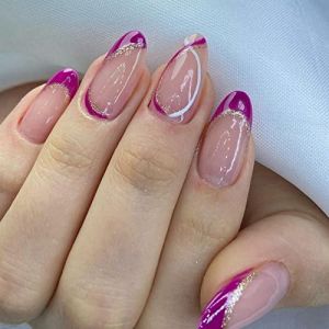 AKOFIC 24 Pi&egrave;ces Amande Faux Ongles Fran&ccedil;ais, Rose Court Faux Ongles avec Colle &agrave; Ongles, Press On Nails Faux Ongles &agrave; Coller Nail Art pour Femme et Fille (Akofic, neuf)