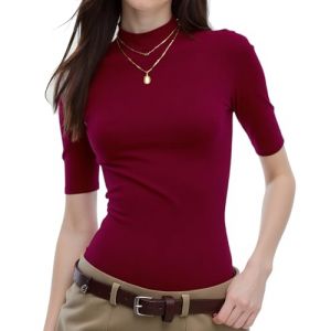 WOWENY Pull &agrave; Manches Courtes pour Femme &eacute;l&eacute;gant T-Shirt &agrave; 1/2 Bras avec Col Montant &eacute;lastique T-Shirt &agrave; Col Roul&eacute; en Coton Tops de Base Chemise Chemisier, Vin Rouge, XXL (EU Creative Fashion, neuf)