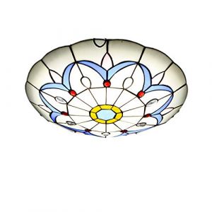 Plafonniers de style Tiffany, plafonnier de couloir en vitrail vintage, ampoule E27 r&eacute;tro luminaires de plafond d'ombre ronde pour salon de chambre &agrave; coucher,E,40cm (ZTJ-Lighting, neuf)