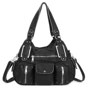 VINBAGGE Sac &agrave; Main pour Femme en Cuir Souple Synth&eacute;tique lav&eacute; avec Multi-Poches Sac &agrave; bandouliere &eacute;l&eacute;gant et spacieux Sac port&eacute;s Main Fourre-Tout Cabs-Argent&eacute; (GENOLD, neuf)