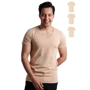SKIPPER Lot de 3 Stretch T Shirt Homme Col V Profond I Maillot de Corps Beige I Tricot de Corps 95% Coton 5% Élasthanne I sous Chemise Manches Courtes I Label Oeko-TEX® (Skipper-wear, neuf)