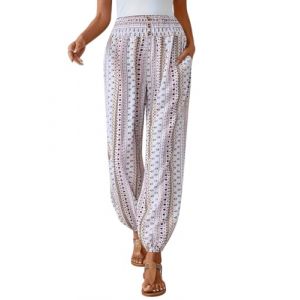 Minetom Pantalon Sarouel Femme Boho Sport Taille Haute Bouffant Pants pour Pilate Hippie Yoga Fitness Danse Pyjama Ete Plage B Blanc M (B.W.S KIT, neuf)