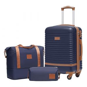 COOLIFE Valise Trolley Valise de Voyage en ABS Coque Rigide Trolley 4 Roues Serrure TSA La Valise Contient 1 Sac de Voyage et 1 Trousse de Toilette (Bleu/Marron, Lot de 3 valises Cabine) (Coolife EU Directly, neuf)