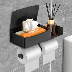 AMZJMT Derouleur Papier Toilette Murale,Porte Rouleau Papier Toilette e avec boîte à mouchoirs,Porte Papier Toilette sur piedSupport Papier Toilette sans percage pour Salle de Bain, Cuisines,Noir (SAOUR, neuf)