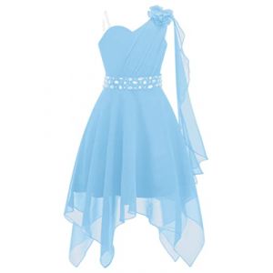 YiZYiF Enfant Fille Robe Princesse Soirée Mariage Cérémonie Strass Une Epaule à Fleur Mousseline Robe Demoiselle d'honneur Bal Fête 5-16 Ans Light Blue B 11-12 Ans (Shifang, neuf)