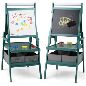 COSTWAY 3 en 1 Chevalet d'Art Enfant avec Tableau Noir & Blanc Magn&eacute;tique, Tableau Enfant Double Face avec Rouleau de Papier & 2 Bacs en Tissu, 3 Pots de Peinture pour Gar&ccedil;on Fille de 3-6 Ans (Vert) (FDS GmbH, neuf)