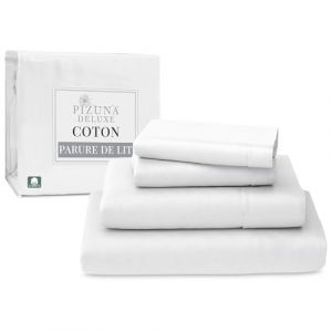 Pizuna 100% Coton Parure de Lit 140x200 cm Blanc, Tissu de Satin de Coton &agrave; 600 Fils au Pouce carr&eacute; Comprend 1 Drap Housse, 1 Drap Plat, 2 Taie d'oreiller (Coton Draps 2 Personnes) (Pizuna Linens France, neuf)
