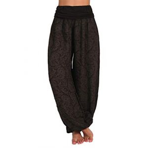 Minetom Femme Harem Pantalon Yoga Sarouel Legers Hippie Baggy Léger Ethnique Calqué Smockée Taille Haute avec Poches Été Plage Pantalon Aladin Jogging Café L (B.W.S KIT, neuf)