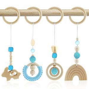 Arche Portique Deveil Eveil Bebe Bois Arche de Jeux Bébé Jouet Poussette 4 Pièces Jouet a Suspendre Bebe Arches de Jeu pour Jeux Nouveau Né en Bois pour Siège de Bébé Landau (Bleu) (BINYI, neuf)