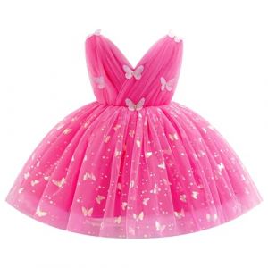 IDOPIP Bébé Fille sans Manches V - Neck Tulle Tutu Robe Princesse Fleur Fille Robe Bow élégant Anniversaire Célébration Formelle Party Robe De Bal Rose Rouge 120 (BXH, neuf)