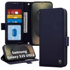 ONETHEFUL Coque Housse Protection pour Samsung Galaxy S25 Ultra 5G (6.9 Pouces) - &Eacute;tui Portefeuille en PU, Pliant Magn&eacute;tique avec Support, 3 Emplacements Carte et Blocage RFID,​ Bleu (Hehesheng Technology, neuf)