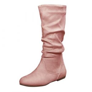 Bottes mi-mollet pour femmes grande taille, bottes larges &agrave; mollet plat pour femmes en daim, bottes d'hiver confortables et chaudes pour femmes avec fermeture &eacute;clair lat&eacute;rale, couleur unie, bottes de (Lusheng Maoyi, neuf)