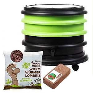 WORMbox | Lombricomposteur 2 Plateaux Vert Anis + 250gr de vers de Compost + 1 Bloc Coco | 32 litres | Compostez Vos déchets organiques, Les vers de Terre/lombrics produisent du lombricompost (Ferme du Moutta, neuf)