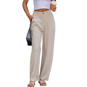 Fakanhui Pantalon habillé en lin pour femme - Pantalon de travail décontracté d'été - Jambe large - Pantalon droit en coton et lin, Lin naturel., Large court (Yehopere Fakanhui, neuf)