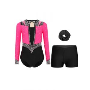 RUNQHUI Fille 3 Pi&egrave;ces Ensemble Gymnastique Justaucorps Manches Longues avec Short et Bandeau des Cheveux Tenue Gymnastique Strass pour Comp&eacute;tition Spectacle B Rose vif Noir 9-10 ans (RUNQHUI, neuf)