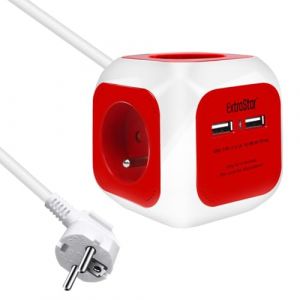 EXTRASTAR Multiprise USB Cube, Bloc Multiprises avec 4 Prises et 2 Ports USB, Chargeur USB Multiple, Multiprise Electrique pour Bureau, Maison, Peut être installé au Mur, sur la Table, 1,5 m, Rouge (Star Far East, neuf)